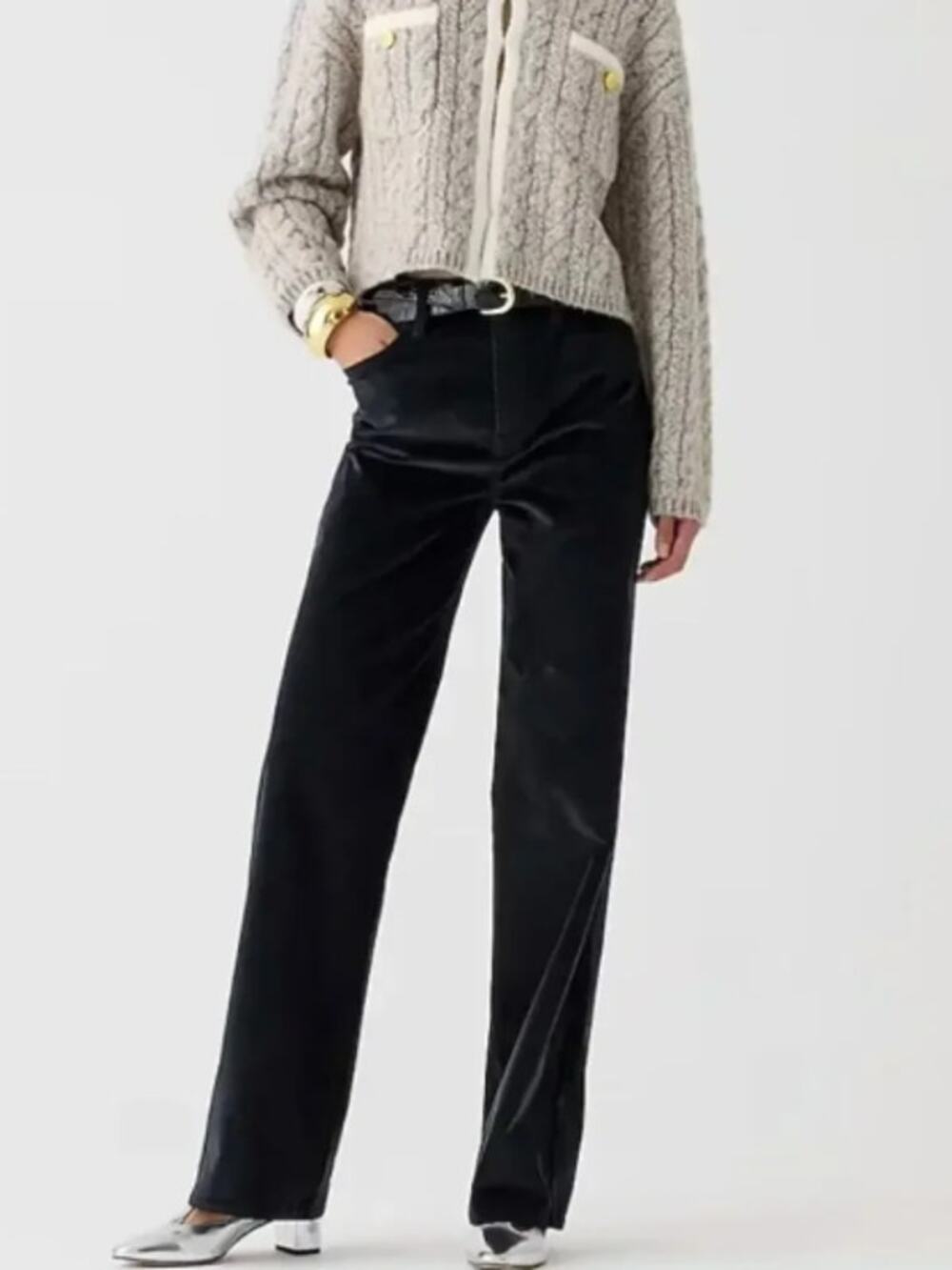 NWT J. Crew Full-length Slim Wide-Leg Pant in Black Stretch Velvet Size 30